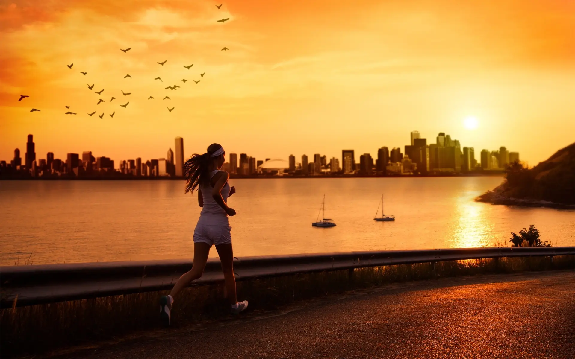 A woman jogging beside the river